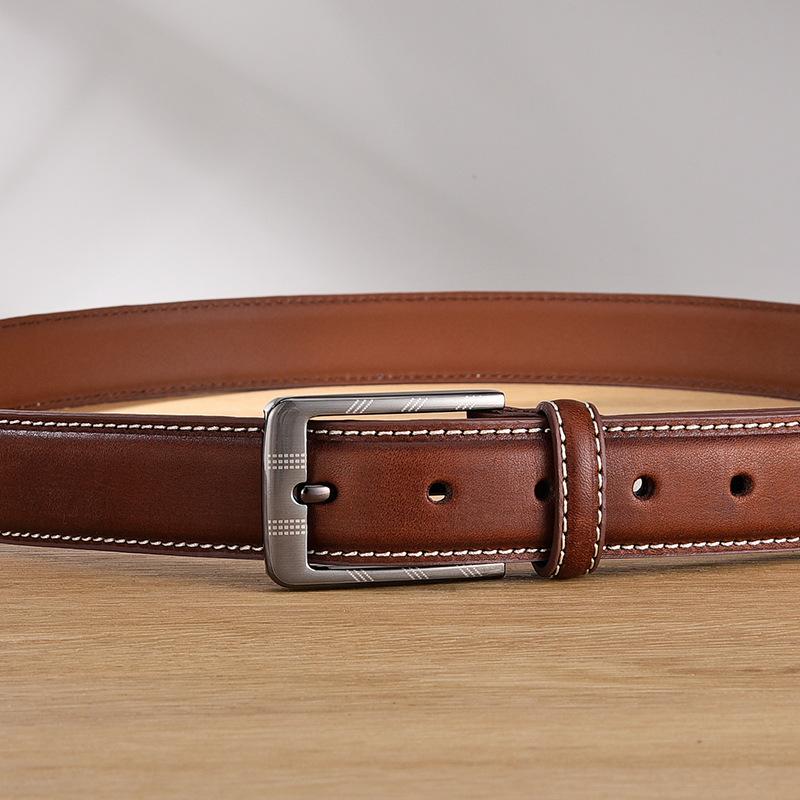 Men'S Business Single-Pin Buckle First-Layer Cowhide Belt, Retro Wear-Resistant Pure Cowhide Leather Belt