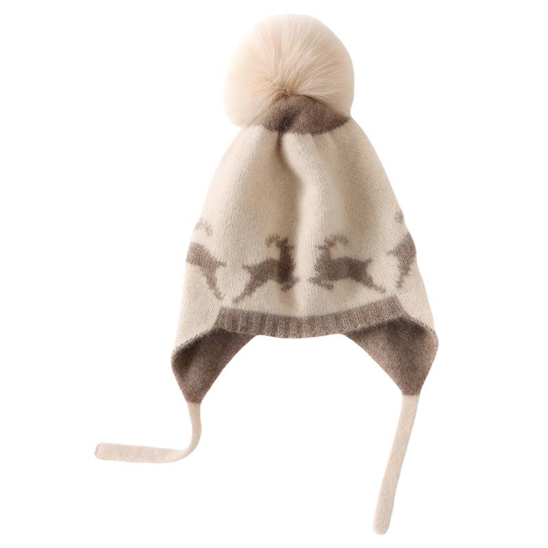 Children's Deer Jacquard Cashmere Hat with Pom-pom and Drawstring
