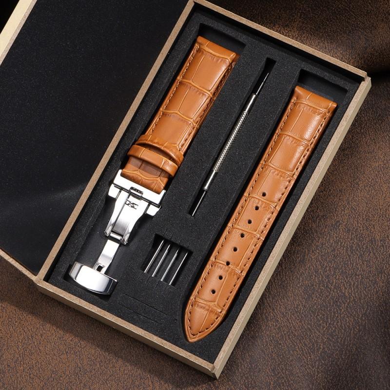 

Bamboo Pattern First Layer Cowhide Strap, Suitable For Huawei Gt 3 Samsung S4 Double Press Butterfly Buckle Leather Watch Strap 24mm