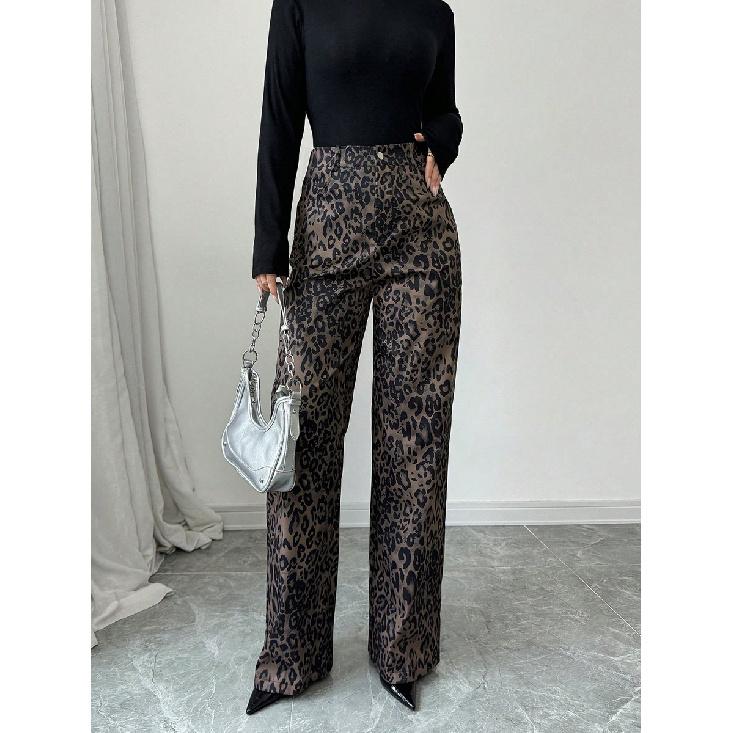 2026 Spring High-Waisted Leopard Print Wide-Leg Pants for Women, New Straight-Leg Loose Casual Trousers S коричневый