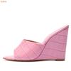 Fashion Women Summer Casual Slides Wedges Pointed Toe Slip On Sandals Black Green Pink Leather One Word High Heel Slippers Large Size 46