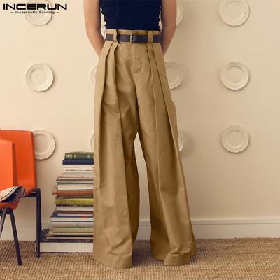 Men High Waist Zipper Wide Legs Pants Casual Loose Suit Trousers
