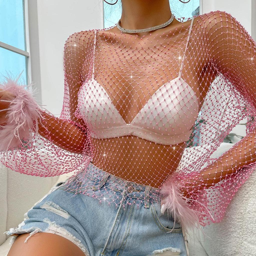 Women's Diamond Mesh Fishnet Long-Sleeve T-Shirt - Y8052