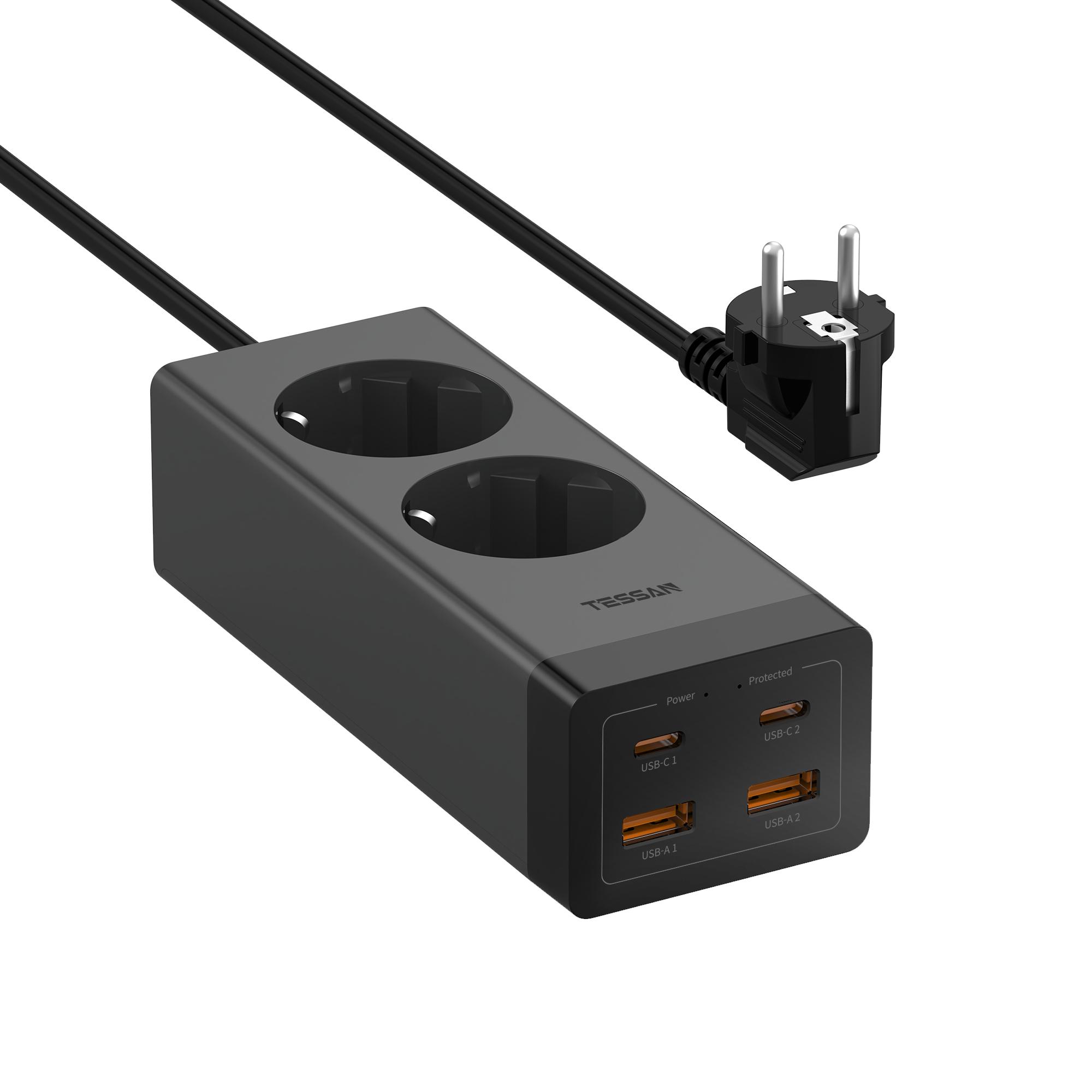 

TESSAN 3600 Вт Защита от перенапряжения Сетевой фильтр GaN 2-канальный адаптер с 4 USB-портами для быстрой зарядки, несколько вилок с кабелем 2 м для дома 2 Outlets & 4 USB Ports чёрный