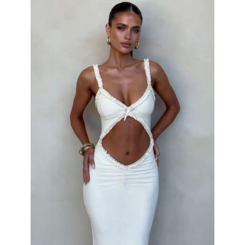 Fashion 2024 Summer New Suspender Wooden Ear Collarless Crop Top Sexy Silm Long Dress Export Female