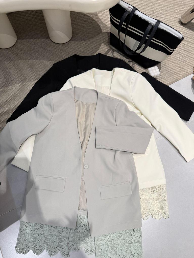 Korean V-Neck Mid-Length Patchwork Lace Suit Jacket for Women