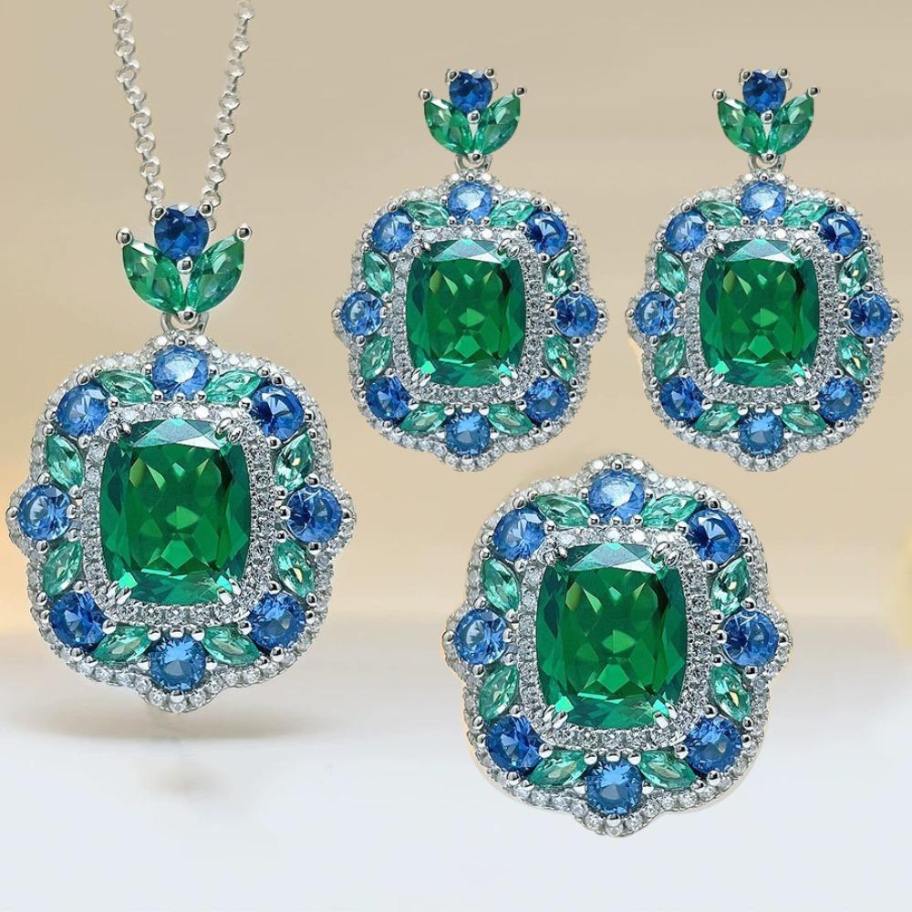 Women Jewelry Set Vintage Emerald Zircon Necklace Earrings Ring European Retro Simulated Gemstone Jewelry