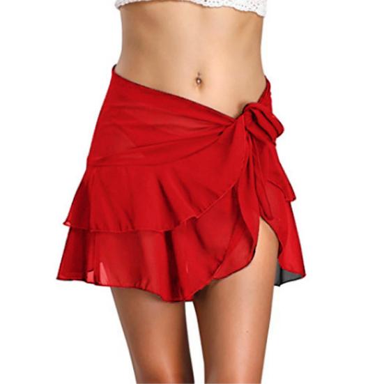 Women Solid Color Bandage Beach Bikini Cover Up Swim Skirt Ruffled Wrap Sarong