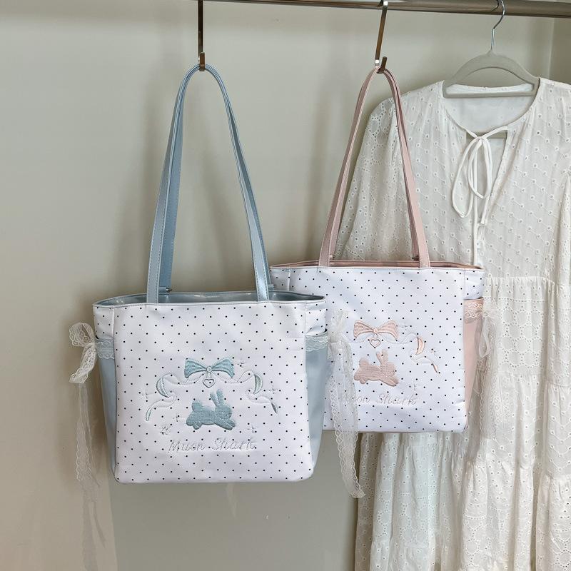 Lazy relaxation bag women's 2025 new fairy lace canvas bag large capacity polka dot versatile tote bag