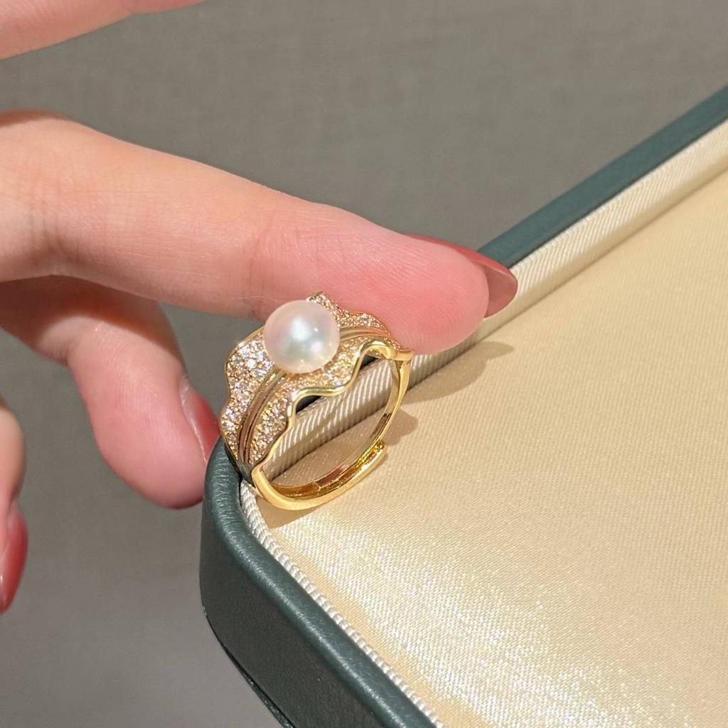 Super Beautiful Leaf Skirt Edge Ring Paired with 8-9mm Natural Freshwater Bread and Real Pearl Ring As a Bride's Souvenir Gift