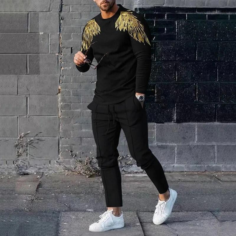 Men's casual sportswear men's sports two-piece fashionable 3D printed vintage clothing long sleeved shirt pants set pants suit