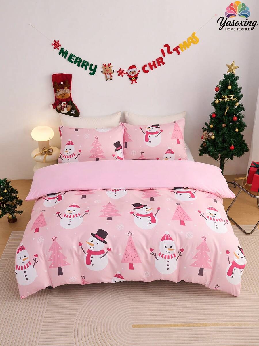 

Comforter Pink Christmas Snowflake Gift Snowman Christmas Tree Pattern Reversible Color Bedding Set Soft For Girls Gift Decor Comforter (quilt)-EU Single(135*200cm)3pcs