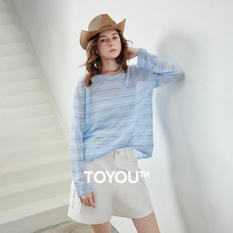 

Chuyu Women s Striped Bamboo Slub Knit Top with Back Slit XL