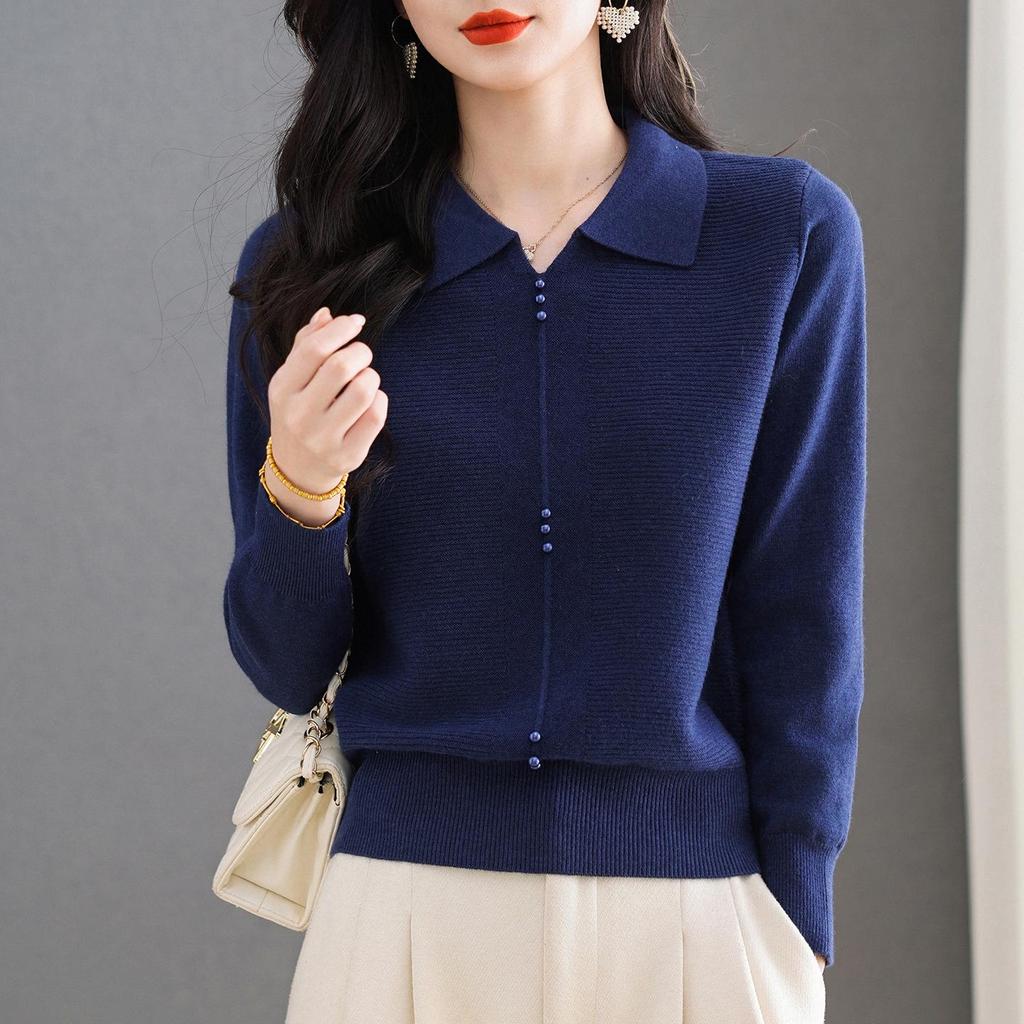 2025 Fashion Women's Solid Color Long Sleeve Knit Polo Shirt