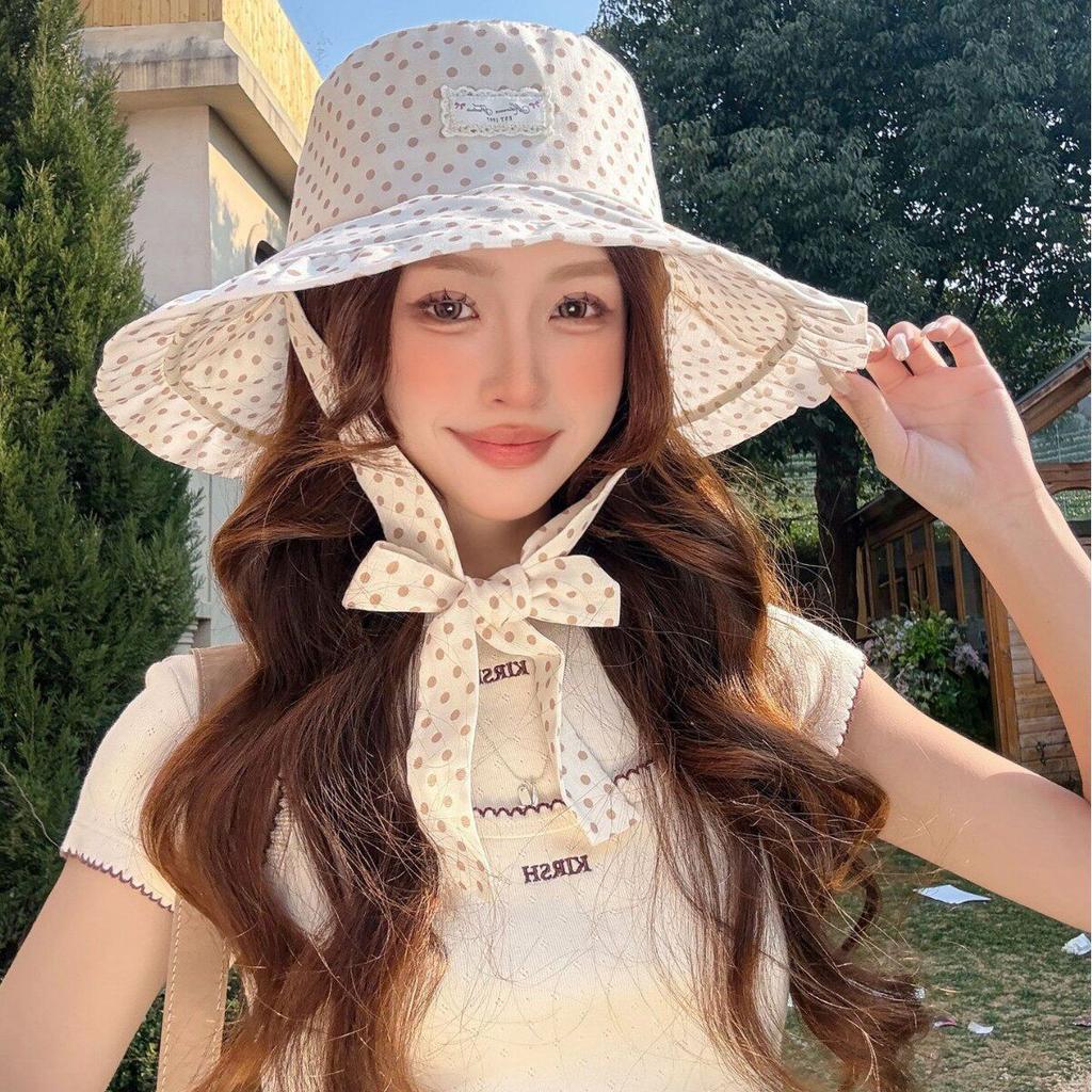Korean Polka Dot Fisherman Hat for Women, Summer Outing, Lace-Up Strap, UV Protection, Wide Brim Sunshade Sun Protection Hat