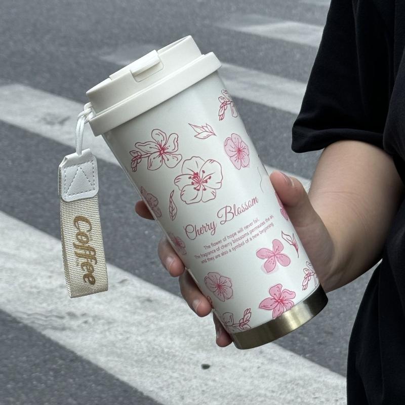 550ml Hot Cold Insulated Mug Floral Printed 316 Stainless Steel Cup with Rope for Travel Car Use