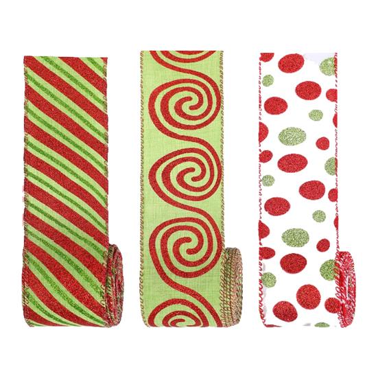 5 Yards Christmas Wired Ribbon 2.48" Red Green Polka Dot/Stripe/Swirl Christmas Wrapping Ribbon for Xmas Tree Wreath Bow Gift Wrapping DIY Crafts