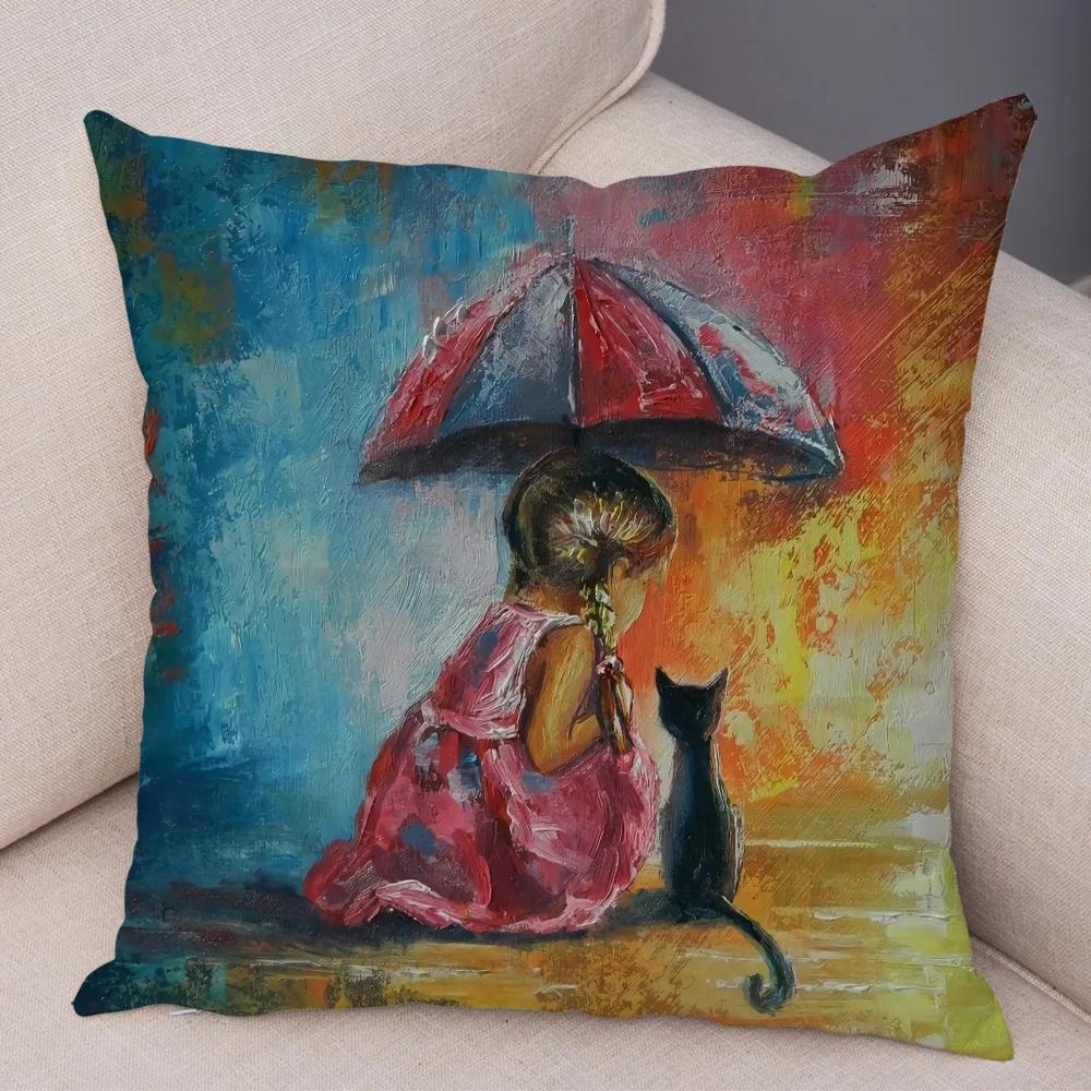 Cute Cartoon Children Cushion Cover Decor Harajuku Oil Painting Lady Pillowcase for Sofa Home Soft Plush Throw Pillow Case