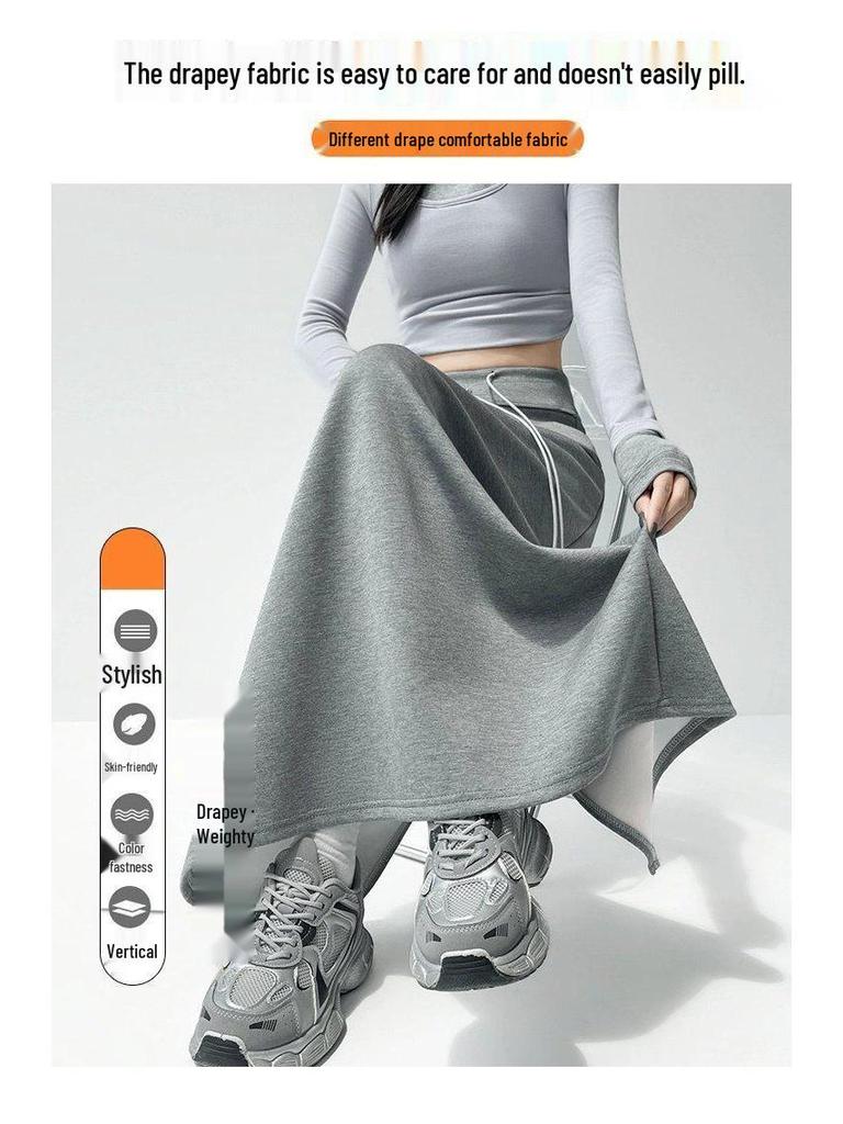 Women's Gray Elastic Waist A-Line Mini Skirt - Sporty High Waist, Bodycon, Slit, Casual Autumn Wear for Petite