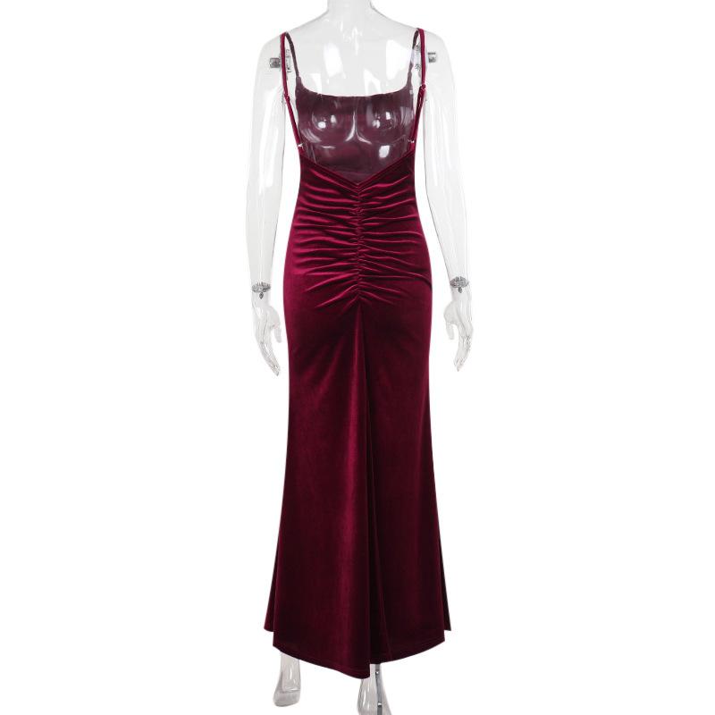 Fall Women's Fashion Sexy Temperament Velvet Pleated Waist Halter Dress