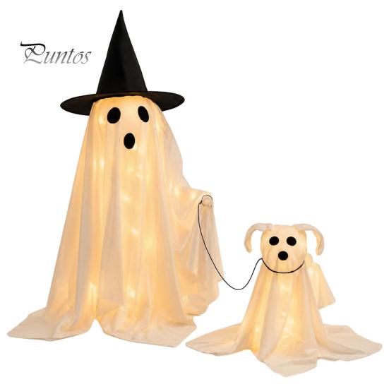 DIY Hanging Ghost Props Halloween Walking Dog Decor with LED String Light, Spooky Glowing Yard Lawn Ornaments Puppy for Outdoor Home, Holiday