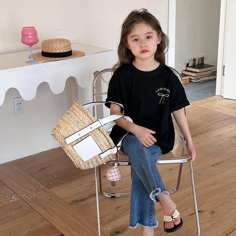 

Свободное платье-футболка в корейском стиле для девочек с бантом сзади - летняя одежда с короткими рукавами, средний размер 140 cm