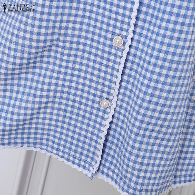 ZANZEA Women Casual Lace Splice Doll Collar Short Sleeve Plaid Print Dress