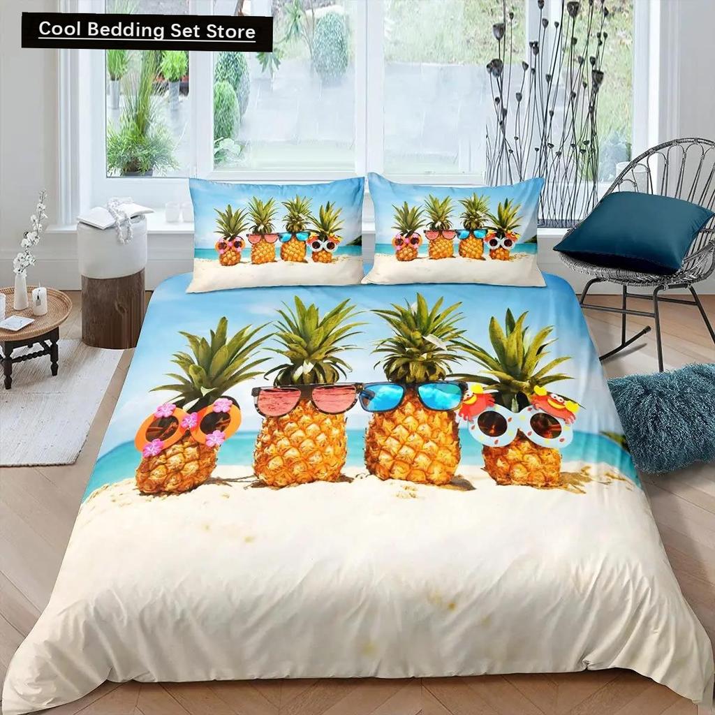 Comforter Pineapple King Size Yellow Geometric Pineapple Bedding Set Seaside Beach Theme Fruit Printed Comforter