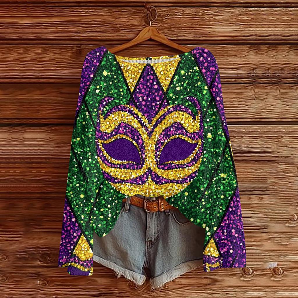 Damen Casual Mode Rundhals Oberteil Karneval Print Langarm Strickpullover