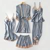 Spring and Summer Pajamas Female Sexy Five-piece Set Ice Silk Long-sleeved Nightgown Pure Desire Wind V-neck Suspender Nightdress with Chest Pad Set