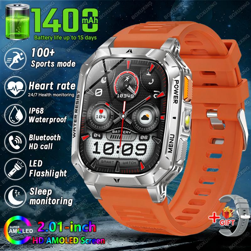 New 1400 mAh Battery Military Smartwatch Men IP68 Waterproof Flashlight Health Monitor Sports Call Smart Watch For iOS Android