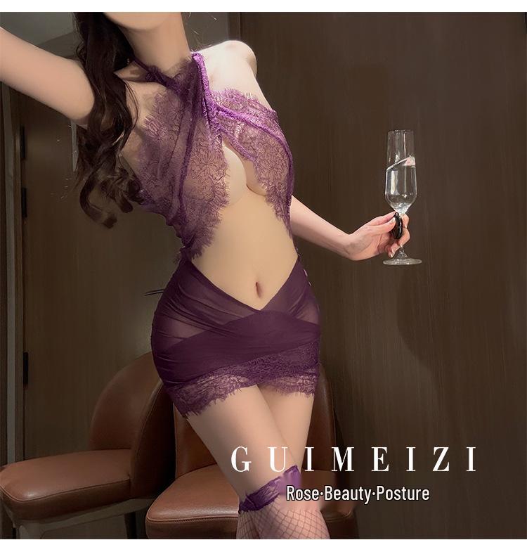 Guimeizi Sheer Lace Bodycon Lingerie Dress - Halter Neck Secretary Style