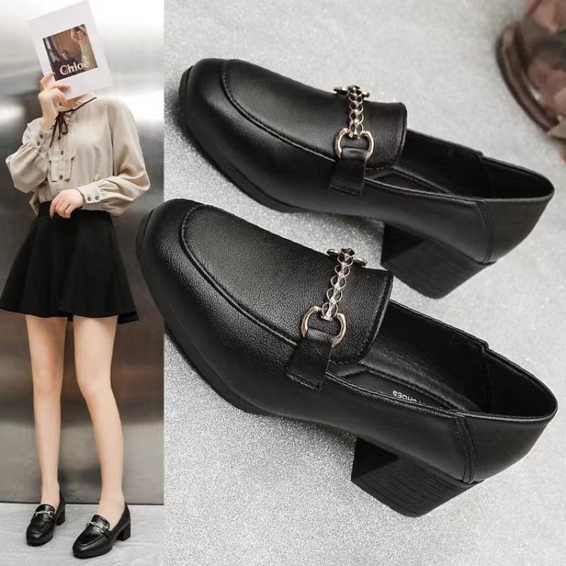 Thick Heel Square Head Single Shoes Women's Leather Shoes British Style Spring and Autumn One Pedal Loafers One Shoe Two Wear Thick Heel Large Size W