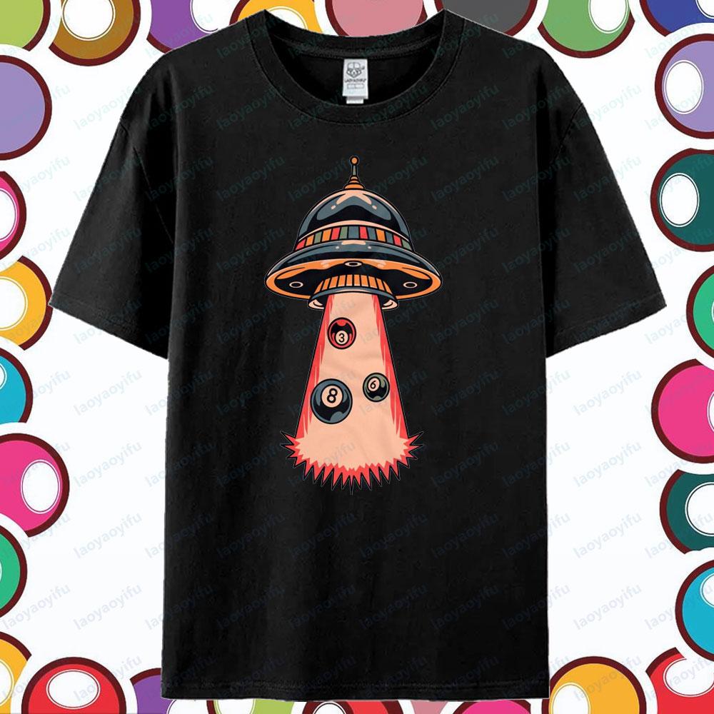 UFO Billiard Shirt Funny Billiards Lover Gift Tshirt Pool Player TShirt Men Crewneck Cotton Short Sleeve Cartoon Print Tops