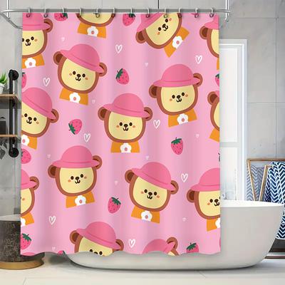 Bear Pattern Shower Curtain Waterproof Decorative Bathroom Liner for Kids Bathrooms Pink Strawberry Design