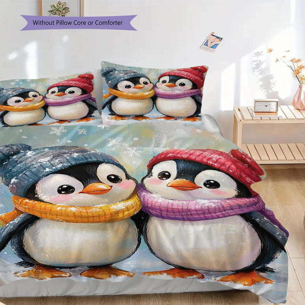 Penguin Pattern Bedding Quilt Set Quilt Cover Pillowcase Home Decoration Birthday Gift (1 * duvet cover + 2 * pillowcase, without core)