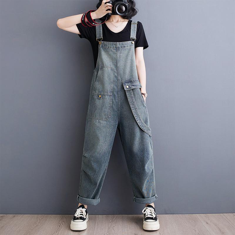 Damen Sommer Literarisch Retro Übergröße Locker Lässig Denim Latzhose Damen