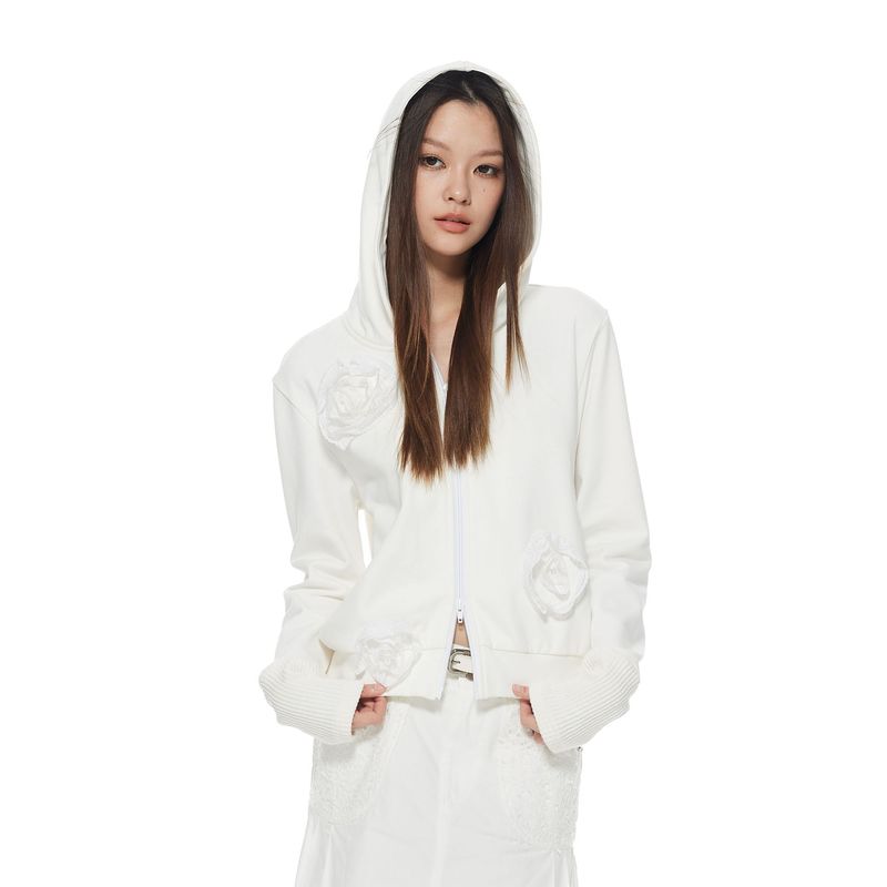 

Thelight2025 Autumn New Three-Dimensional Flower Hooded Sweatshirt for Women, White First Love Style Oxygen Pure Desire Jacket White L