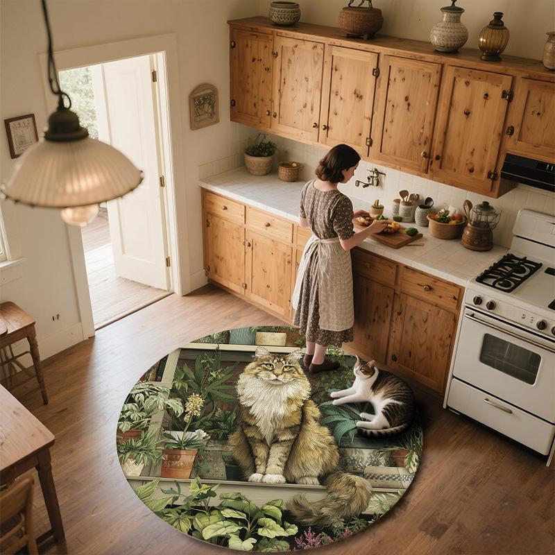 Plant Cat,Round Area Rug,Carpet Rug for Living Room Bedroom Sofa Playroom Decor,Non-slip Floor Mat