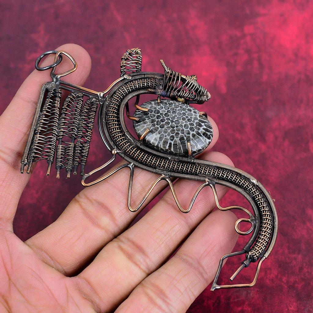 Stingray Coral Gemstone Pendant Copper Wire Wrapped Pendant Dragon Pendant Handmade Jewelry Unique Style Pendant Wire Wrap  Jewelry for Gift