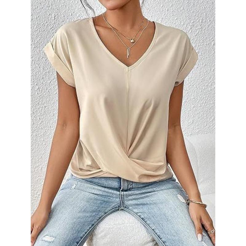 Autumn new products women's lightweight breathable V-neck T-shirt elegant knotted loose short-sleeved top women