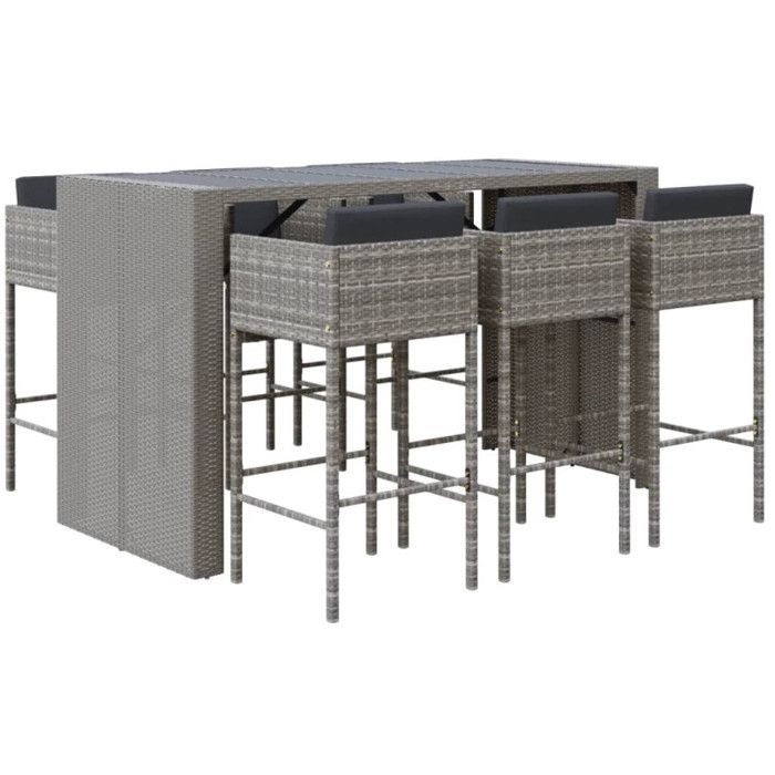 VidaXL Ensemble de bar de jardin 7 pcs avec coussins gris poly rotin, ensemble de table de bar, table et chaise de bar, 3200665