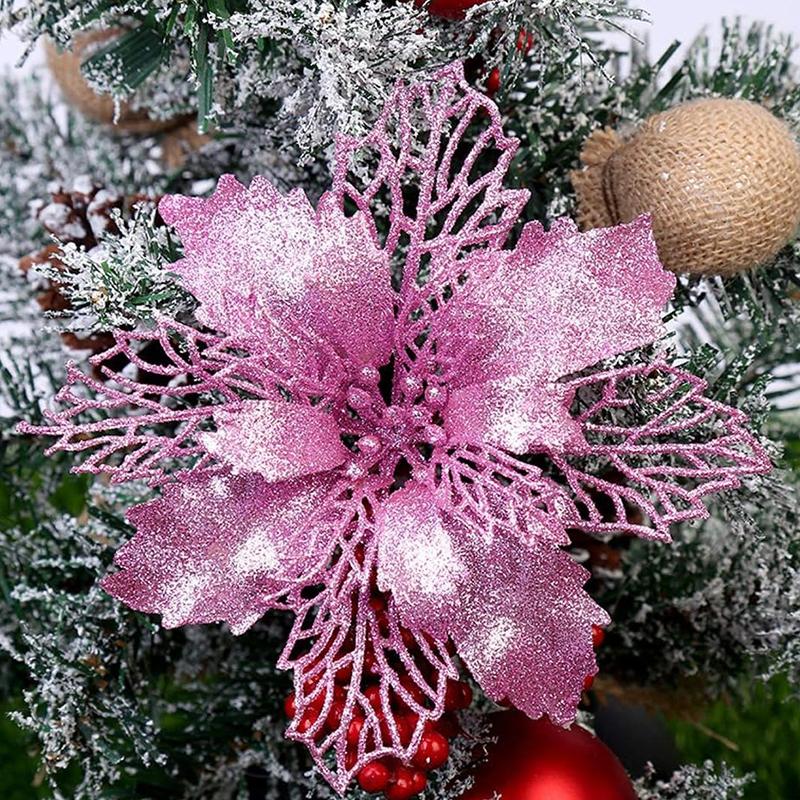 5pcs/lot Christmas Poinsettia Glitter Flowers with Clips Christmas Tree Ornaments Decor for Home Decor New Year Xmas Gifts