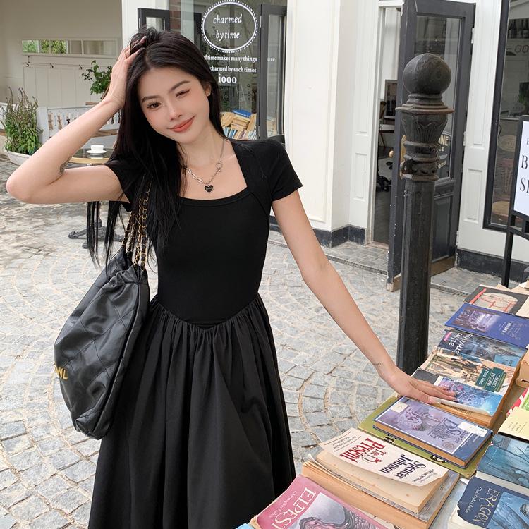 

Женское черное платье с квадратным вырезом, пэчворком, короткими рукавами, облегающее талию, летнее, длинное M (suggested for 85-105 jin)