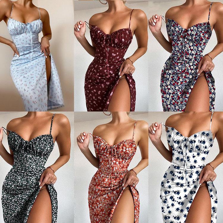 European & American Sexy Print Lace-Up Slit Sling Dress for Women