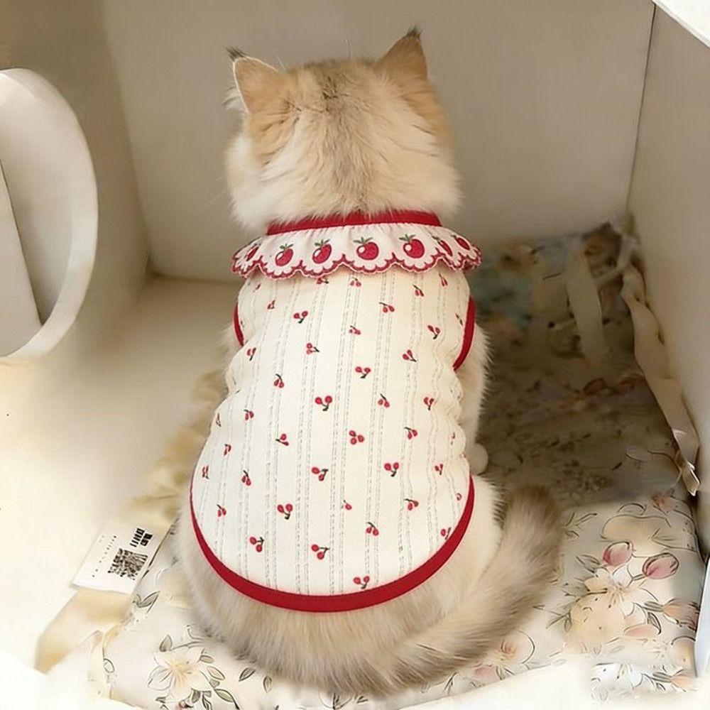 Thin Cat Flower Edge Vest Cherry Pattern Pet Shirt Cute Cat Pullover  Pet Clothing