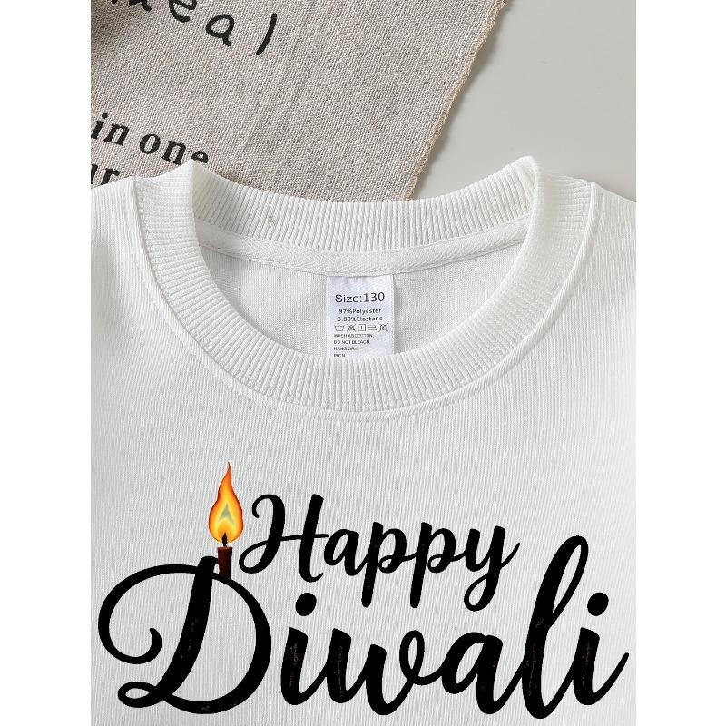 Girls Soft Crewneck SweatshirtHappy Diwali Festival Candle Print Design with Cute Creative Print, Casual All-Match for Fall Winter