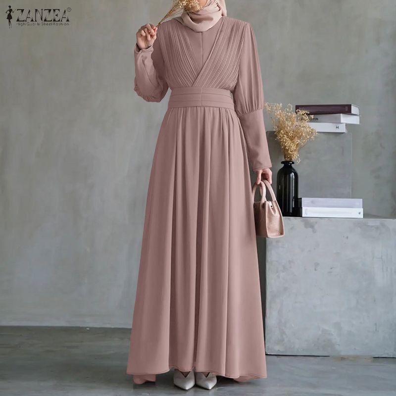 ZANZEA Muslim Casual Round Neck Long Sleeve Loose Women Long Dress