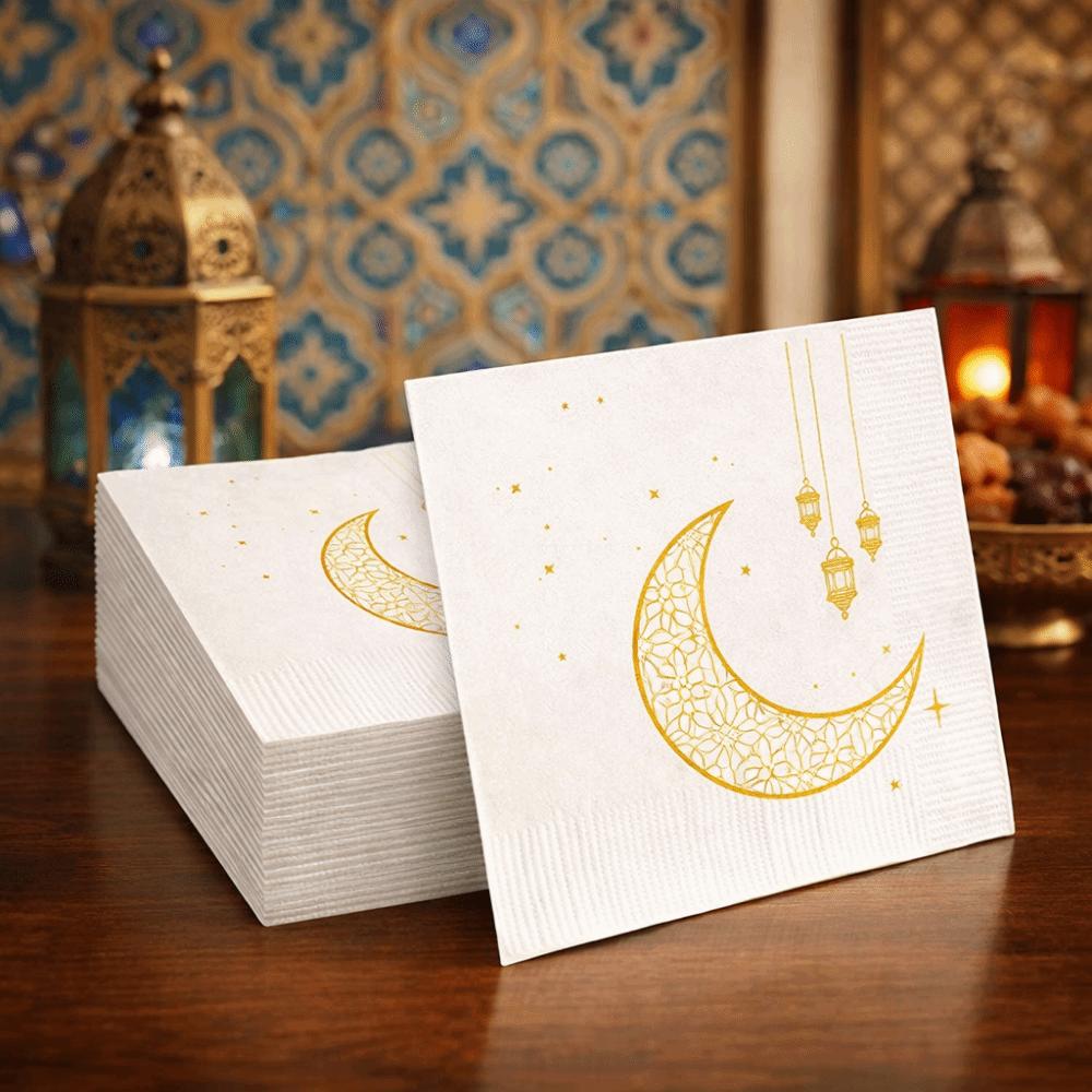 25Pcs Moon Printed Ramadan Party Napkins White Gold Islamic Tableware Paper Eid Celebrations