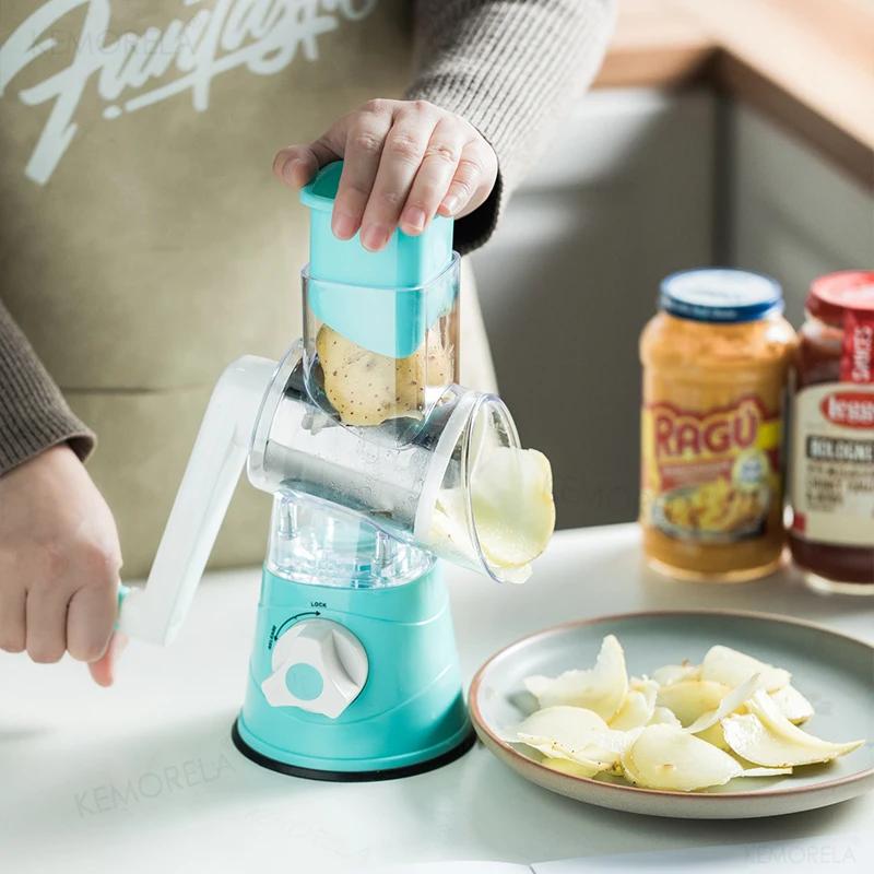 Cutter&Slicer Manuelle Küchen-Käsehackmaschine mit 3 scharfen Trommeln Heim Knoblauchpresse Knoblauch Küche Gemüse Kartoffel Reibe